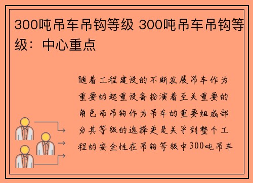 300吨吊车吊钩等级 300吨吊车吊钩等级：中心重点
