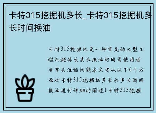 卡特315挖掘机多长_卡特315挖掘机多长时间换油
